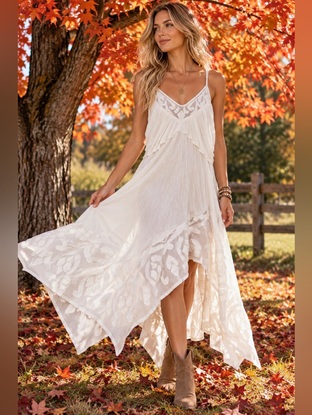 Free People White Embroidered V-Neck Asymmetrical Handkerchief Hem Dress M
